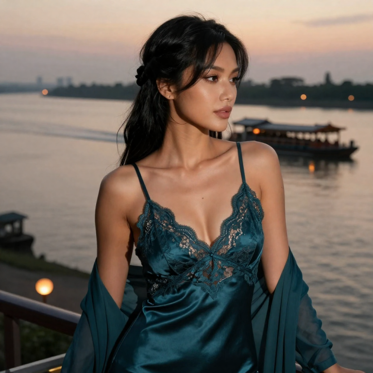 Web3Southeast muse in a deep teal satin camisole on a Mekong riverside balcony at dusk