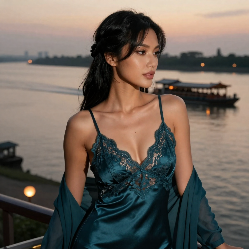 Web3Southeast muse in a deep teal satin camisole on a Mekong riverside balcony at dusk